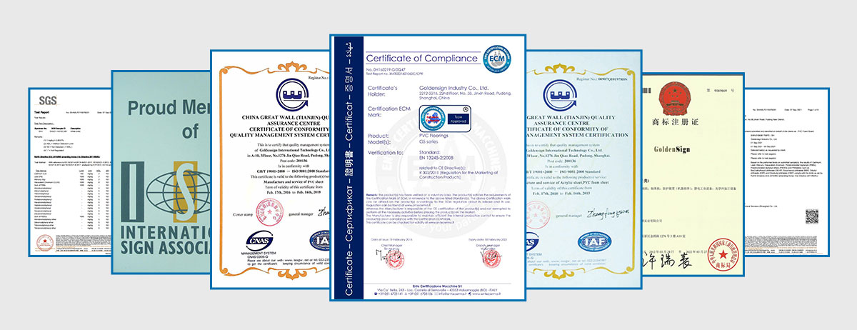 Certification des panneaux de mousse PVC Goldensign1208-1